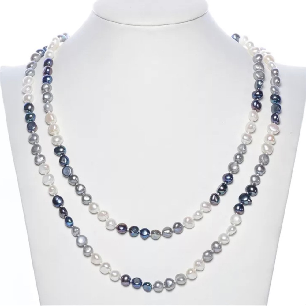 Charcoal Gray And White Cultured Freshwater Baroque Pearls Handmade Necklace 47"
